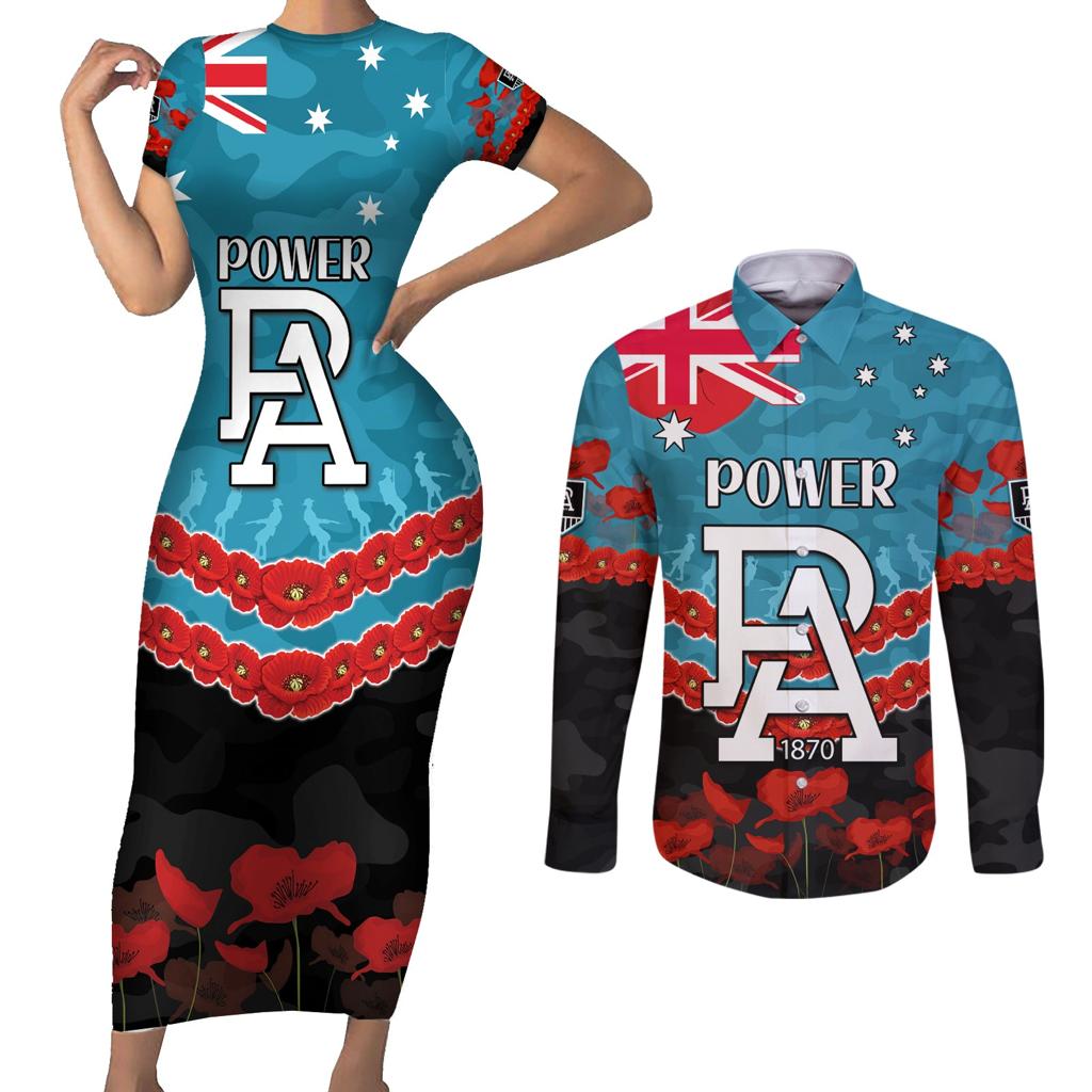 Custom Port Adelaide Power Football Couples Matching Short Sleeve Bodycon Dress and Long Sleeve Button Shirt ANZAC Lest We Forget