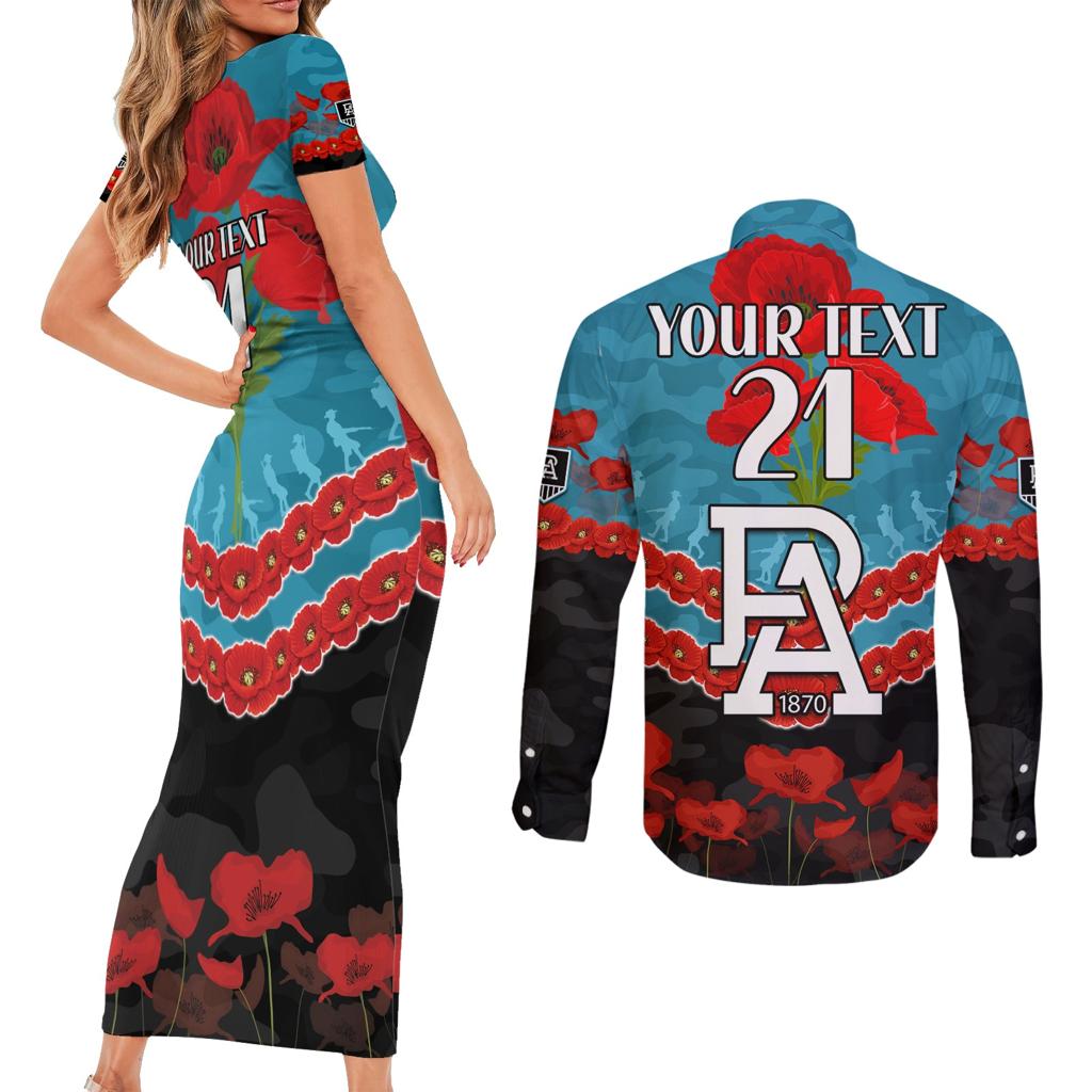 Custom Port Adelaide Power Football Couples Matching Short Sleeve Bodycon Dress and Long Sleeve Button Shirt ANZAC Lest We Forget
