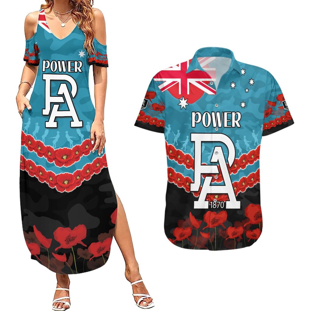 Custom Port Adelaide Power Football Couples Matching Summer Maxi Dress and Hawaiian Shirt ANZAC Lest We Forget