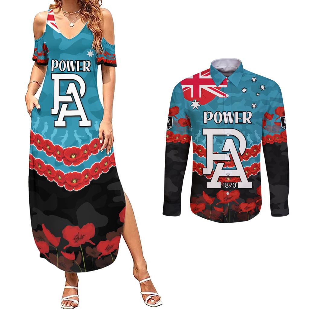Custom Port Adelaide Power Football Couples Matching Summer Maxi Dress and Long Sleeve Button Shirt ANZAC Lest We Forget