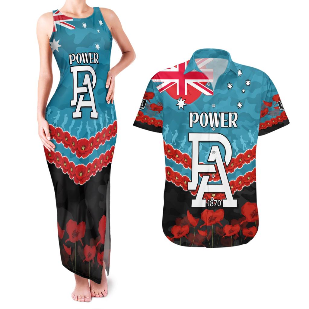 Custom Port Adelaide Power Football Couples Matching Tank Maxi Dress and Hawaiian Shirt ANZAC Lest We Forget