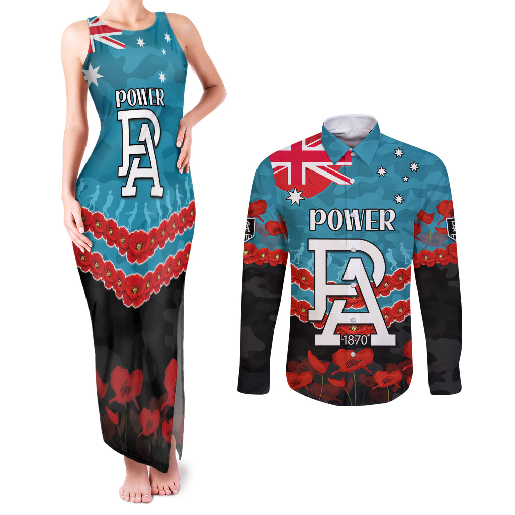 Custom Port Adelaide Power Football Couples Matching Tank Maxi Dress and Long Sleeve Button Shirt ANZAC Lest We Forget