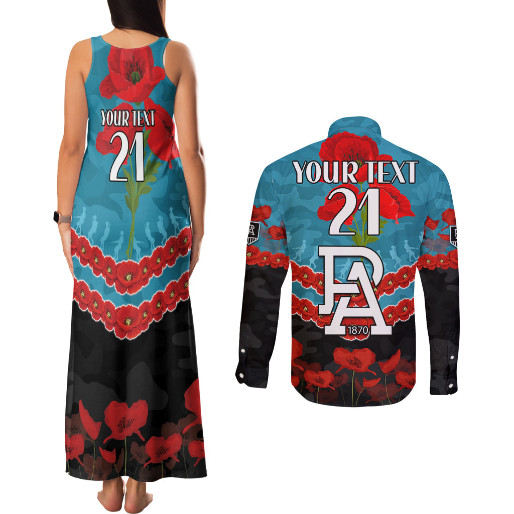 Custom Port Adelaide Power Football Couples Matching Tank Maxi Dress and Long Sleeve Button Shirt ANZAC Lest We Forget