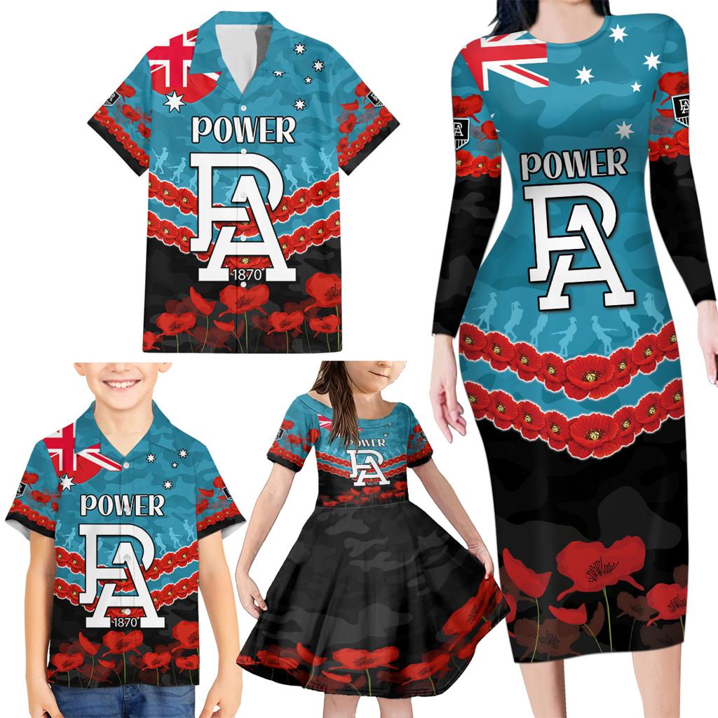 Custom Port Adelaide Power Football Family Matching Long Sleeve Bodycon Dress and Hawaiian Shirt ANZAC Lest We Forget