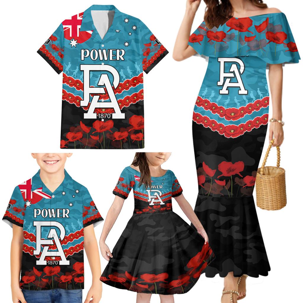 Custom Port Adelaide Power Football Family Matching Mermaid Dress and Hawaiian Shirt ANZAC Lest We Forget