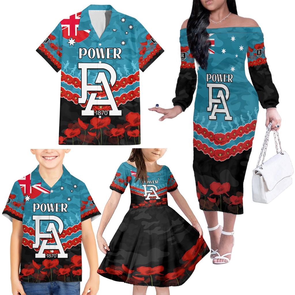 Custom Port Adelaide Power Football Family Matching Off The Shoulder Long Sleeve Dress and Hawaiian Shirt ANZAC Lest We Forget