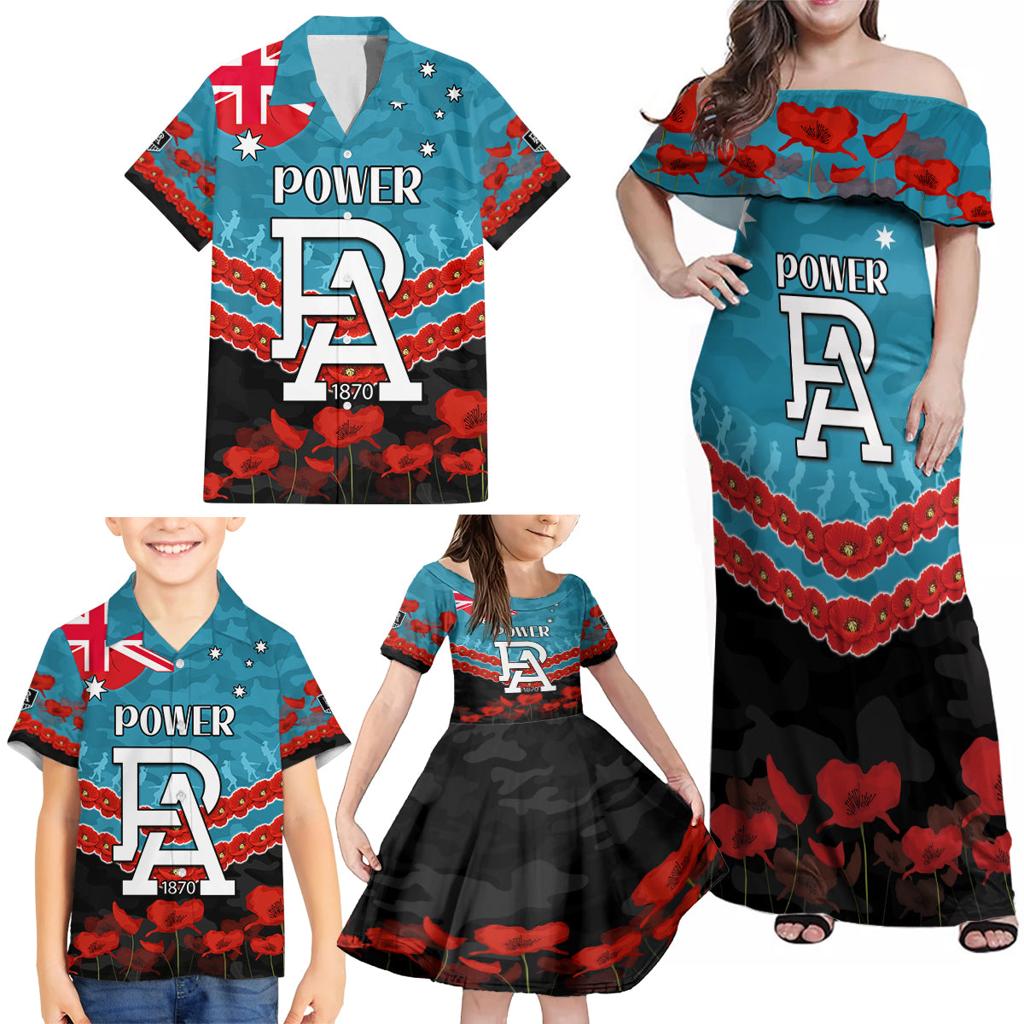 Custom Port Adelaide Power Football Family Matching Off Shoulder Maxi Dress and Hawaiian Shirt ANZAC Lest We Forget