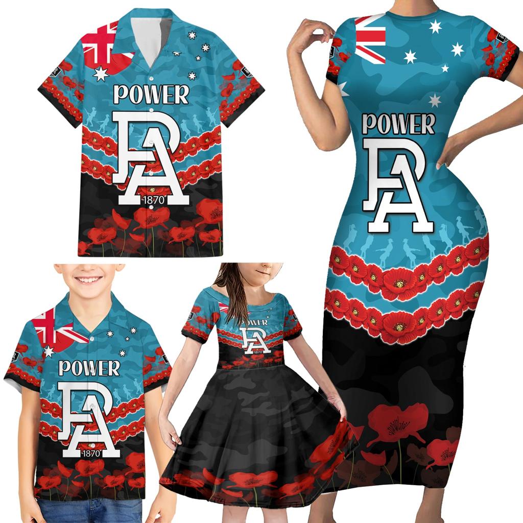 Custom Port Adelaide Power Football Family Matching Short Sleeve Bodycon Dress and Hawaiian Shirt ANZAC Lest We Forget