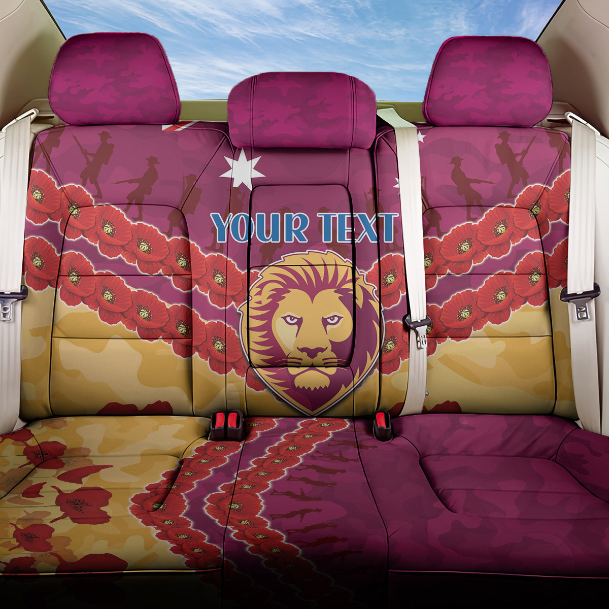Custom Brisbane Lions Football Back Car Seat Cover ANZAC Lest We Forget