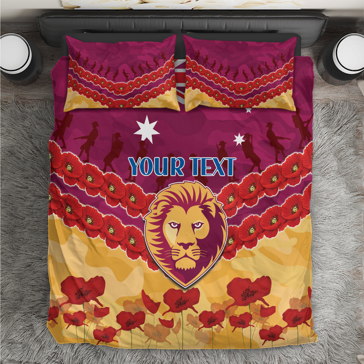 Custom Brisbane Lions Football Bedding Set ANZAC Lest We Forget