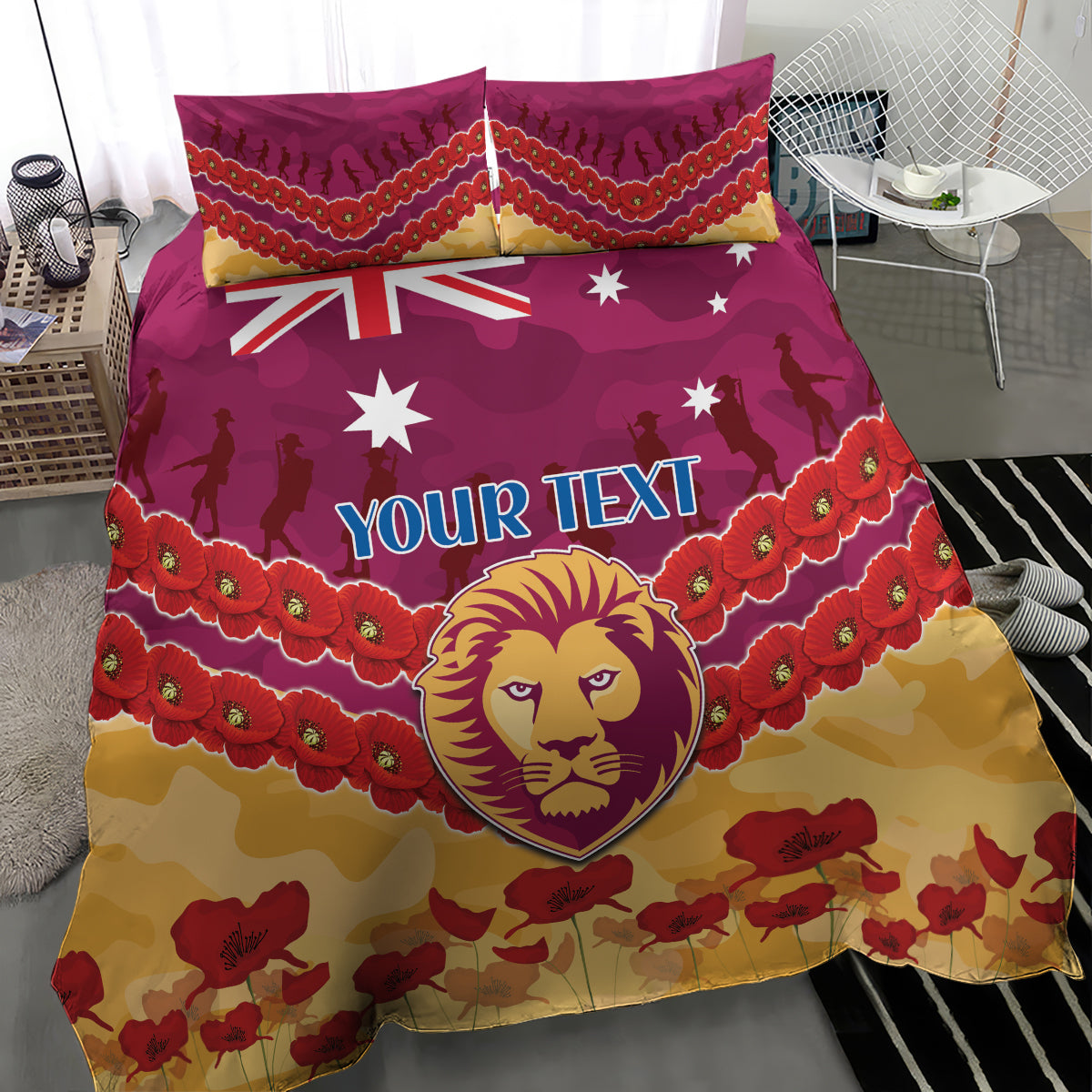 Custom Brisbane Lions Football Bedding Set ANZAC Lest We Forget
