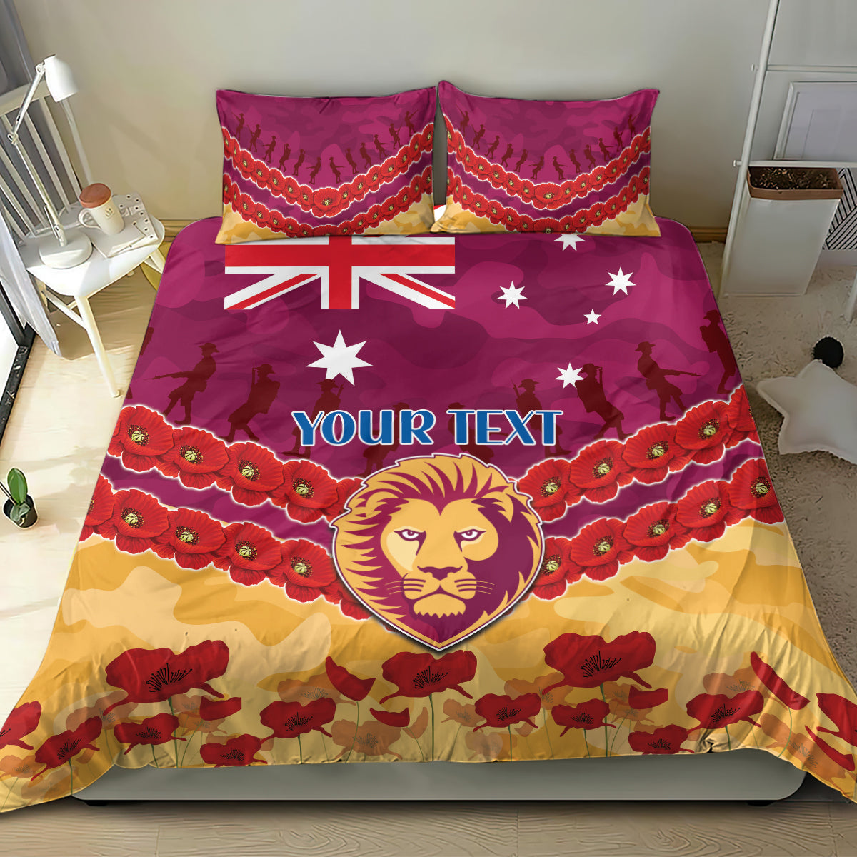 Custom Brisbane Lions Football Bedding Set ANZAC Lest We Forget