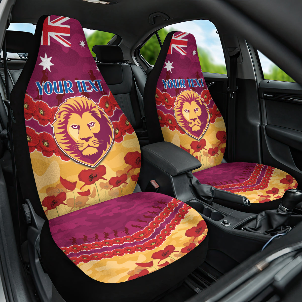 Custom Brisbane Lions Football Car Seat Cover ANZAC Lest We Forget