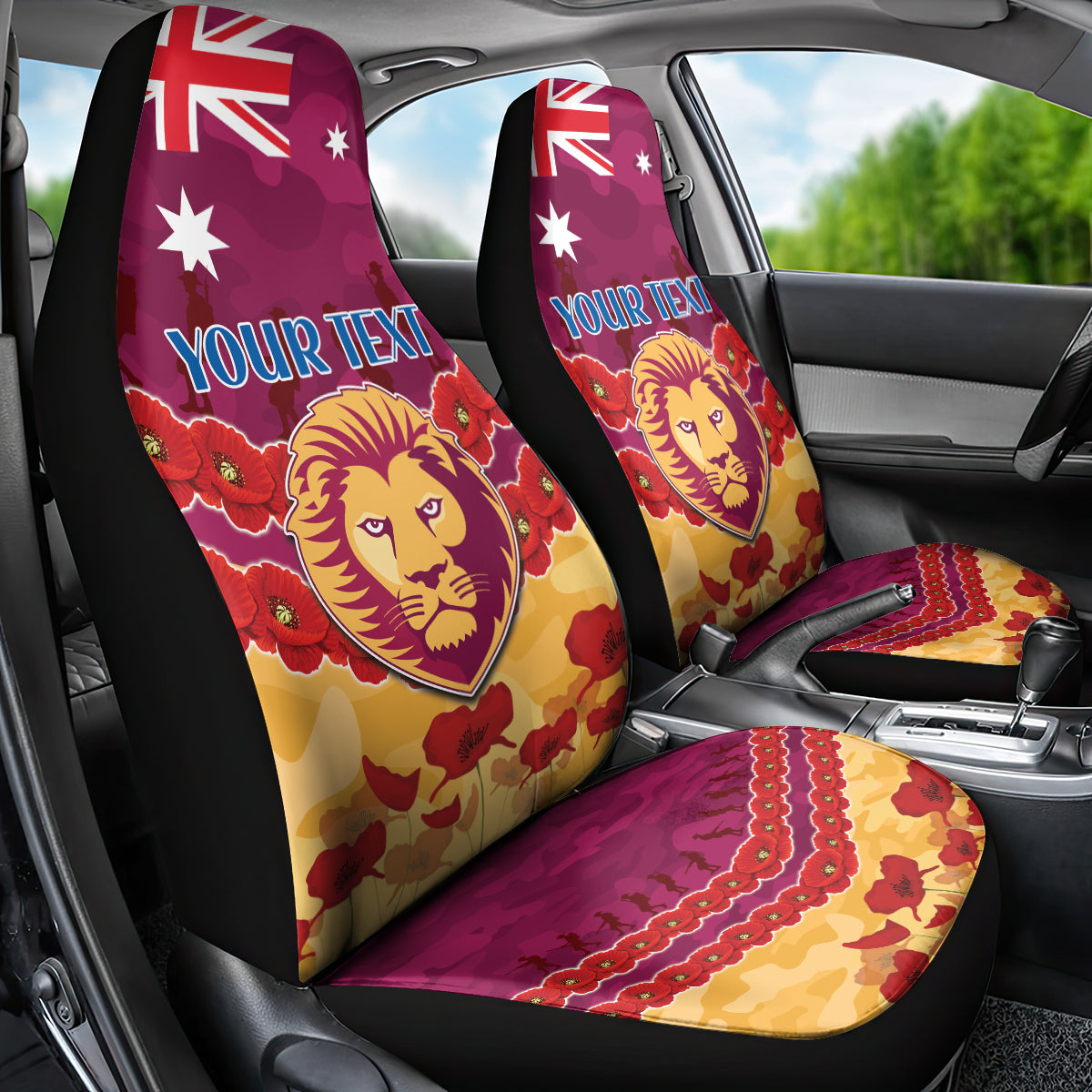 Custom Brisbane Lions Football Car Seat Cover ANZAC Lest We Forget