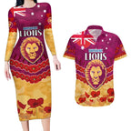 Custom Brisbane Lions Football Couples Matching Long Sleeve Bodycon Dress and Hawaiian Shirt ANZAC Lest We Forget