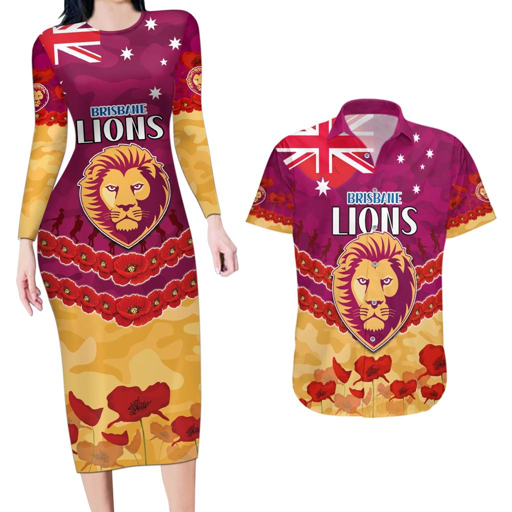 Custom Brisbane Lions Football Couples Matching Long Sleeve Bodycon Dress and Hawaiian Shirt ANZAC Lest We Forget