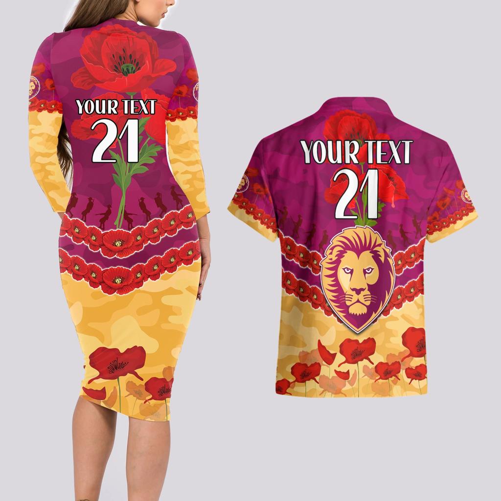 Custom Brisbane Lions Football Couples Matching Long Sleeve Bodycon Dress and Hawaiian Shirt ANZAC Lest We Forget