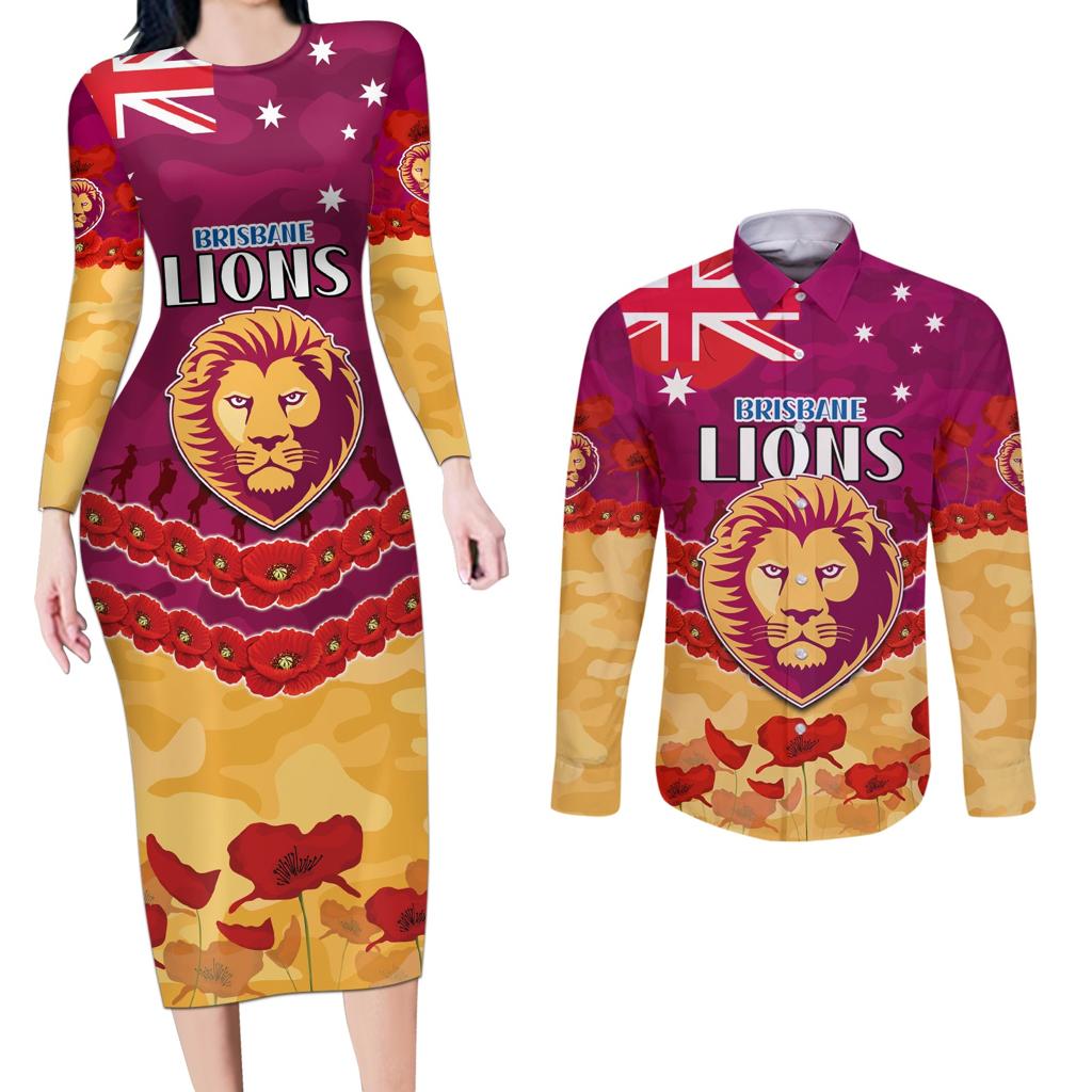Custom Brisbane Lions Football Couples Matching Long Sleeve Bodycon Dress and Long Sleeve Button Shirt ANZAC Lest We Forget