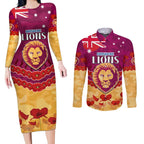 Custom Brisbane Lions Football Couples Matching Long Sleeve Bodycon Dress and Long Sleeve Button Shirt ANZAC Lest We Forget
