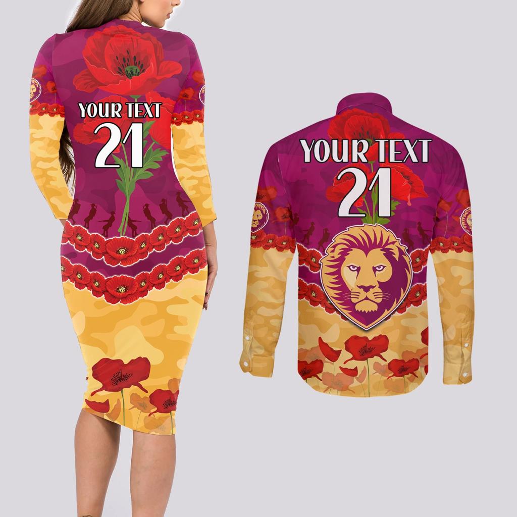 Custom Brisbane Lions Football Couples Matching Long Sleeve Bodycon Dress and Long Sleeve Button Shirt ANZAC Lest We Forget