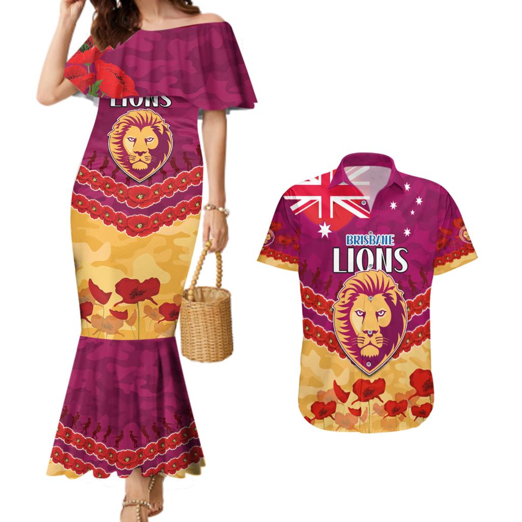 Custom Brisbane Lions Football Couples Matching Mermaid Dress and Hawaiian Shirt ANZAC Lest We Forget