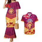 Custom Brisbane Lions Football Couples Matching Mermaid Dress and Hawaiian Shirt ANZAC Lest We Forget