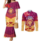 Custom Brisbane Lions Football Couples Matching Mermaid Dress and Long Sleeve Button Shirt ANZAC Lest We Forget