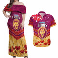 Custom Brisbane Lions Football Couples Matching Off Shoulder Maxi Dress and Hawaiian Shirt ANZAC Lest We Forget