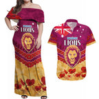 Custom Brisbane Lions Football Couples Matching Off Shoulder Maxi Dress and Hawaiian Shirt ANZAC Lest We Forget