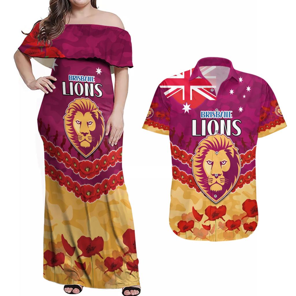 Custom Brisbane Lions Football Couples Matching Off Shoulder Maxi Dress and Hawaiian Shirt ANZAC Lest We Forget