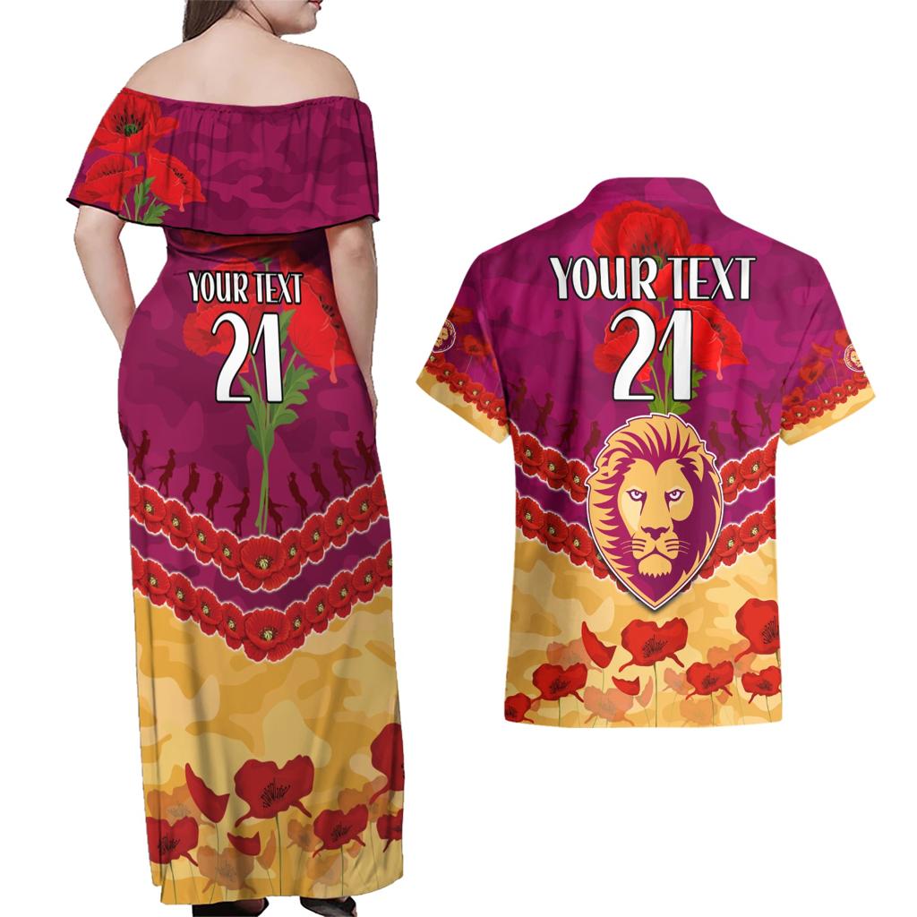 Custom Brisbane Lions Football Couples Matching Off Shoulder Maxi Dress and Hawaiian Shirt ANZAC Lest We Forget
