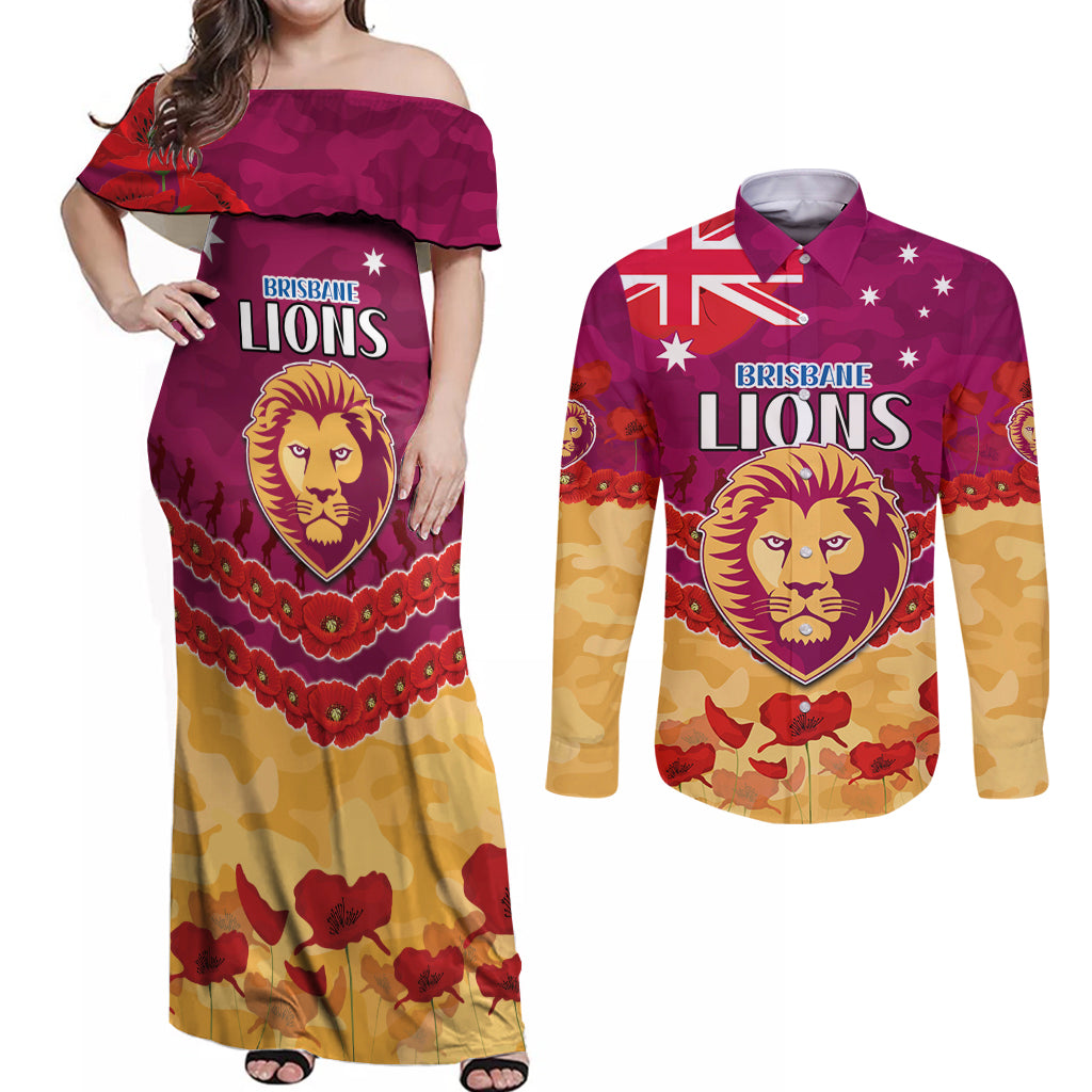 Custom Brisbane Lions Football Couples Matching Off Shoulder Maxi Dress and Long Sleeve Button Shirt ANZAC Lest We Forget