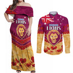 Custom Brisbane Lions Football Couples Matching Off Shoulder Maxi Dress and Long Sleeve Button Shirt ANZAC Lest We Forget