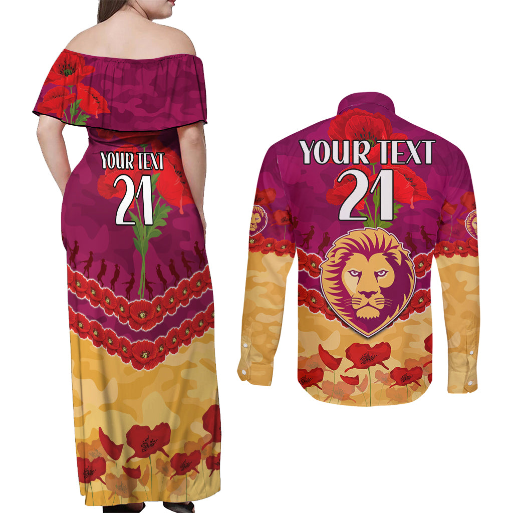 Custom Brisbane Lions Football Couples Matching Off Shoulder Maxi Dress and Long Sleeve Button Shirt ANZAC Lest We Forget