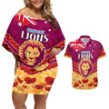 Custom Brisbane Lions Football Couples Matching Off Shoulder Short Dress and Hawaiian Shirt ANZAC Lest We Forget