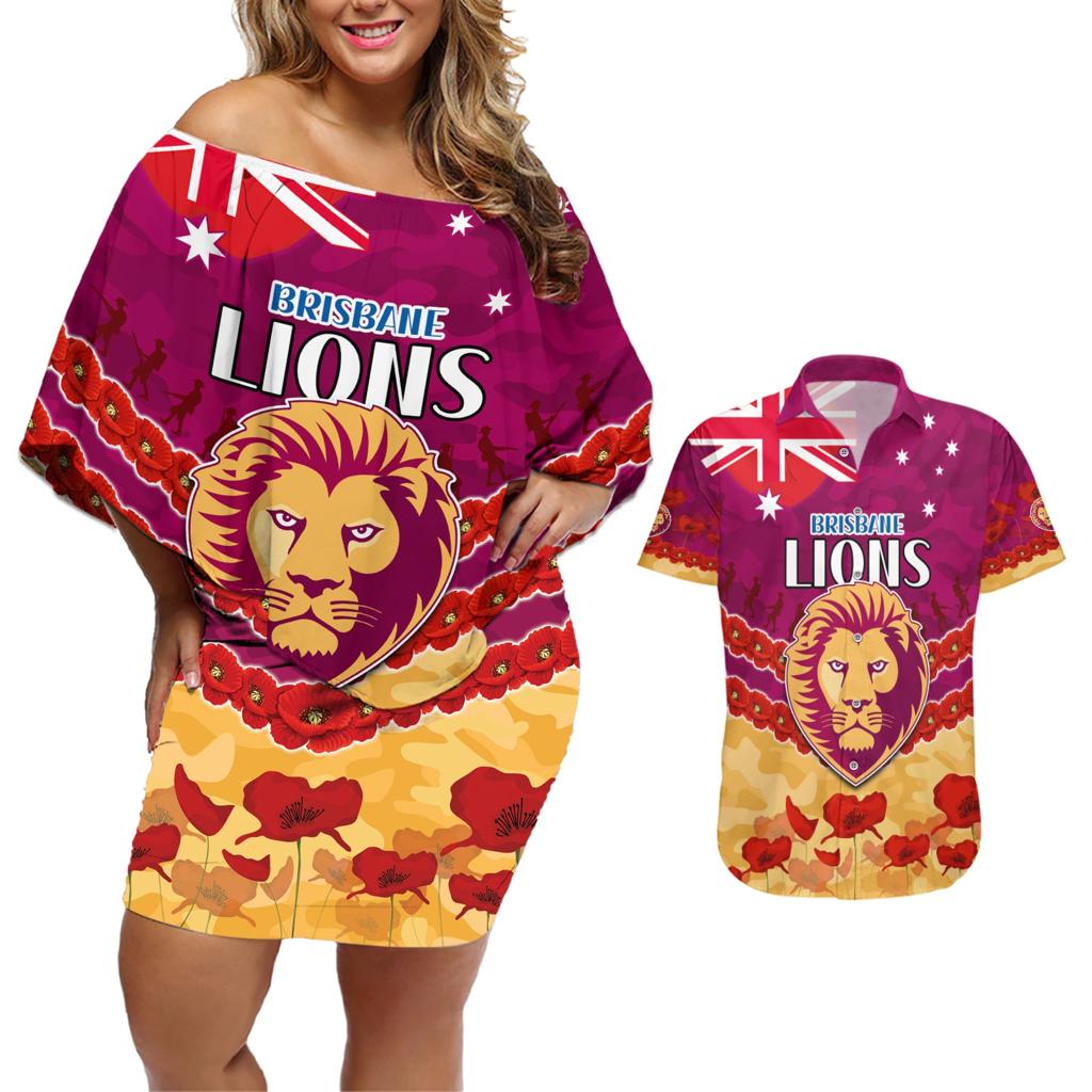 Custom Brisbane Lions Football Couples Matching Off Shoulder Short Dress and Hawaiian Shirt ANZAC Lest We Forget