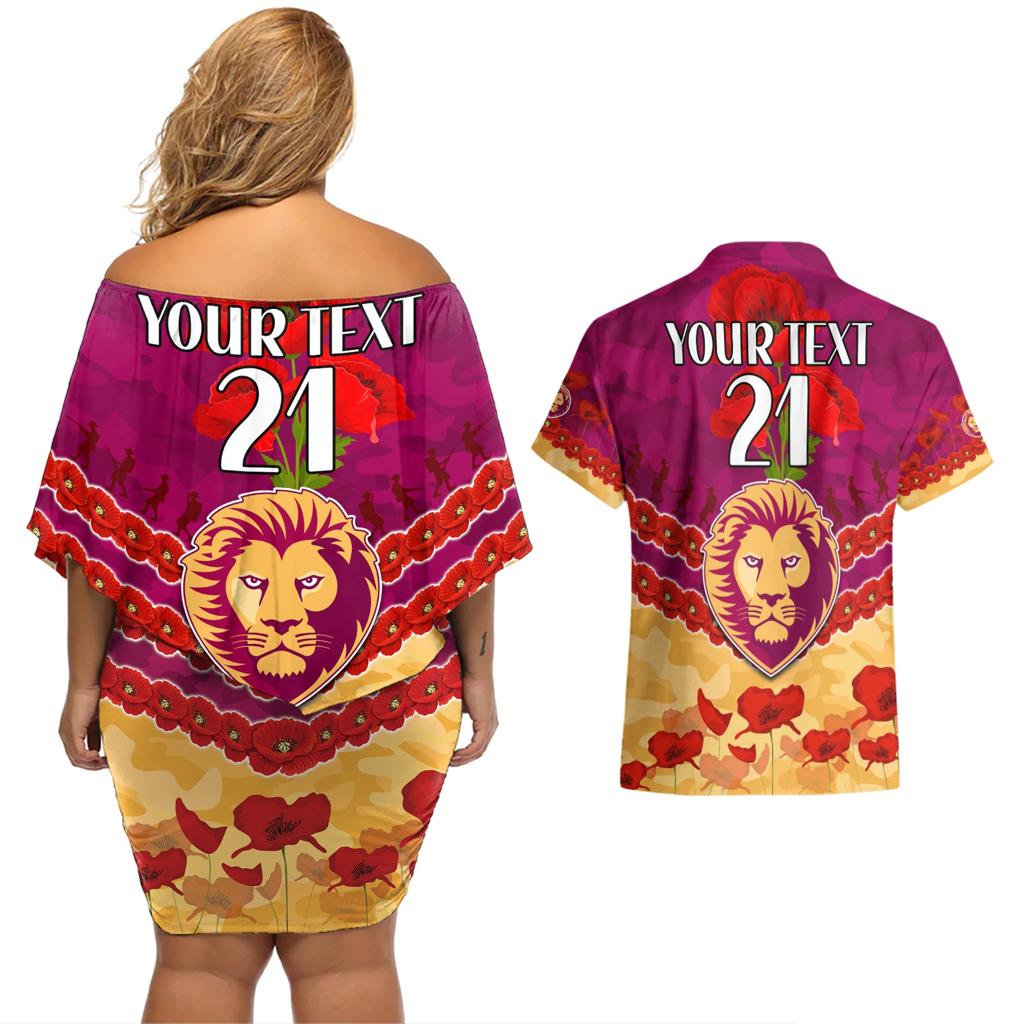 Custom Brisbane Lions Football Couples Matching Off Shoulder Short Dress and Hawaiian Shirt ANZAC Lest We Forget