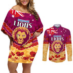 Custom Brisbane Lions Football Couples Matching Off Shoulder Short Dress and Long Sleeve Button Shirt ANZAC Lest We Forget