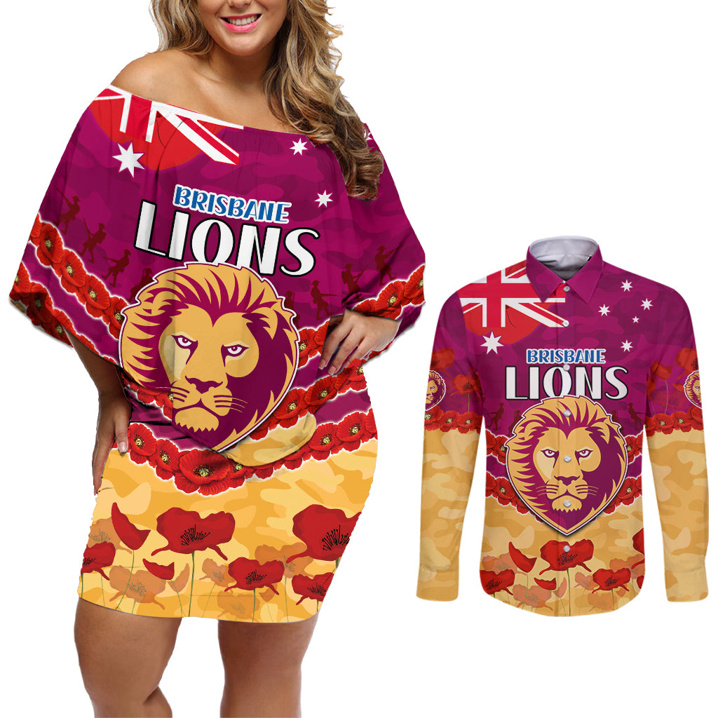 Custom Brisbane Lions Football Couples Matching Off Shoulder Short Dress and Long Sleeve Button Shirt ANZAC Lest We Forget