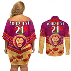 Custom Brisbane Lions Football Couples Matching Off Shoulder Short Dress and Long Sleeve Button Shirt ANZAC Lest We Forget