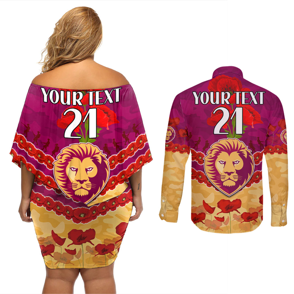 Custom Brisbane Lions Football Couples Matching Off Shoulder Short Dress and Long Sleeve Button Shirt ANZAC Lest We Forget