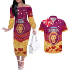 Custom Brisbane Lions Football Couples Matching Off The Shoulder Long Sleeve Dress and Hawaiian Shirt ANZAC Lest We Forget