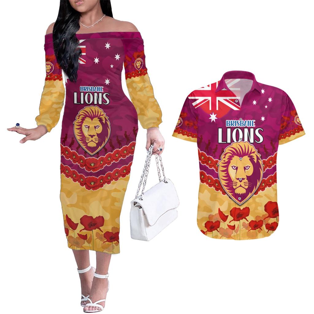 Custom Brisbane Lions Football Couples Matching Off The Shoulder Long Sleeve Dress and Hawaiian Shirt ANZAC Lest We Forget
