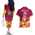 Custom Brisbane Lions Football Couples Matching Off The Shoulder Long Sleeve Dress and Hawaiian Shirt ANZAC Lest We Forget