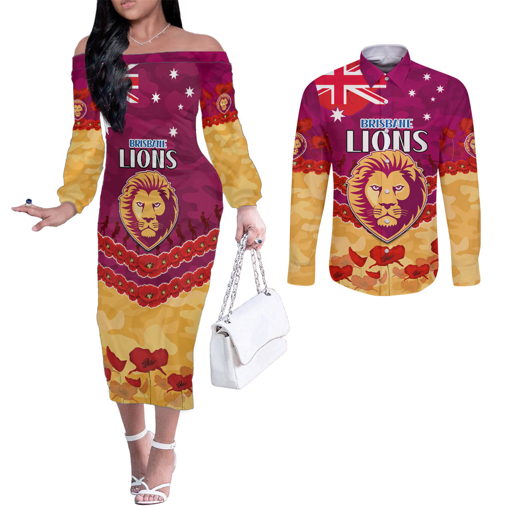 Custom Brisbane Lions Football Couples Matching Off The Shoulder Long Sleeve Dress and Long Sleeve Button Shirt ANZAC Lest We Forget