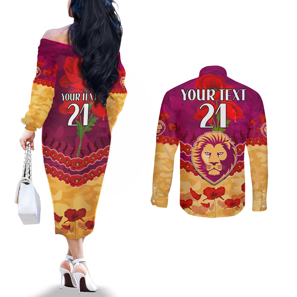 Custom Brisbane Lions Football Couples Matching Off The Shoulder Long Sleeve Dress and Long Sleeve Button Shirt ANZAC Lest We Forget