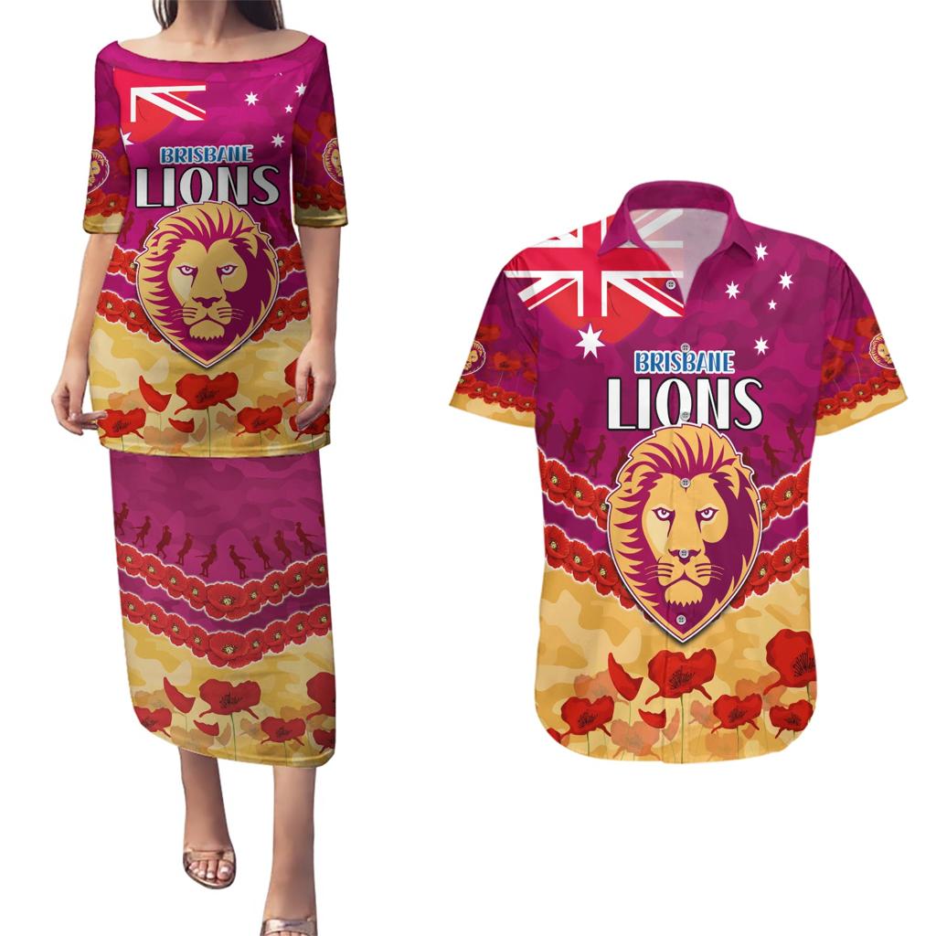 Custom Brisbane Lions Football Couples Matching Puletasi and Hawaiian Shirt ANZAC Lest We Forget
