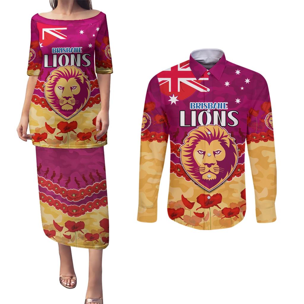 Custom Brisbane Lions Football Couples Matching Puletasi and Long Sleeve Button Shirt ANZAC Lest We Forget