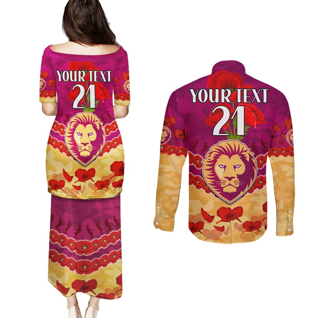 Custom Brisbane Lions Football Couples Matching Puletasi and Long Sleeve Button Shirt ANZAC Lest We Forget