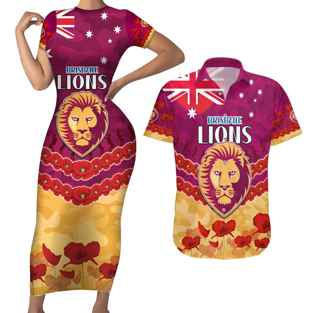 Custom Brisbane Lions Football Couples Matching Short Sleeve Bodycon Dress and Hawaiian Shirt ANZAC Lest We Forget